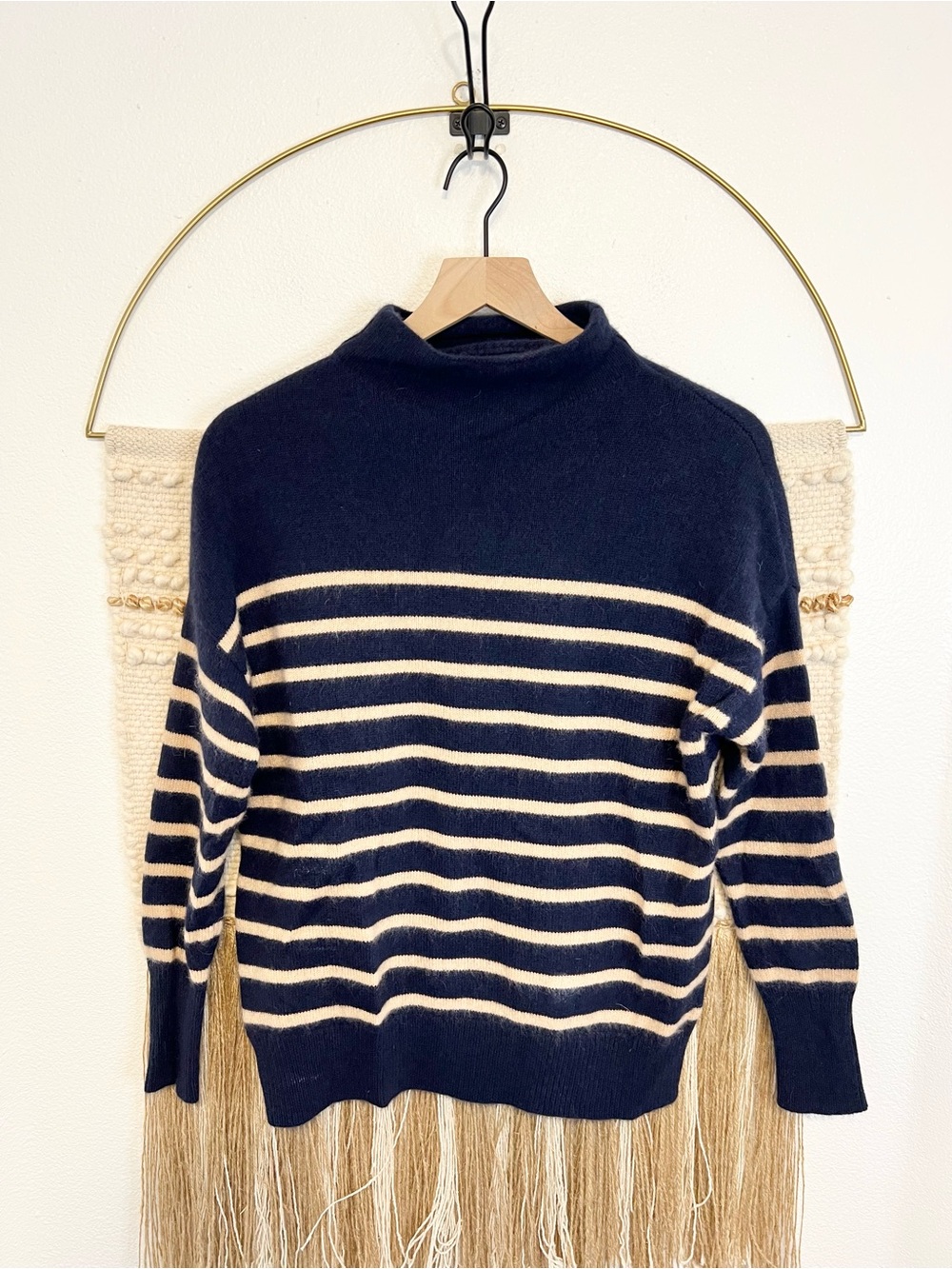 Magaschoni Striped Navy and Tan Mock Neck  Sweater S 100% Cashmere